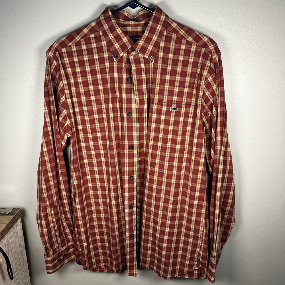 Fish Hippie Shirt Mens Large Blue Plaid Solace‎ Button Down Sport Stretch Cotton